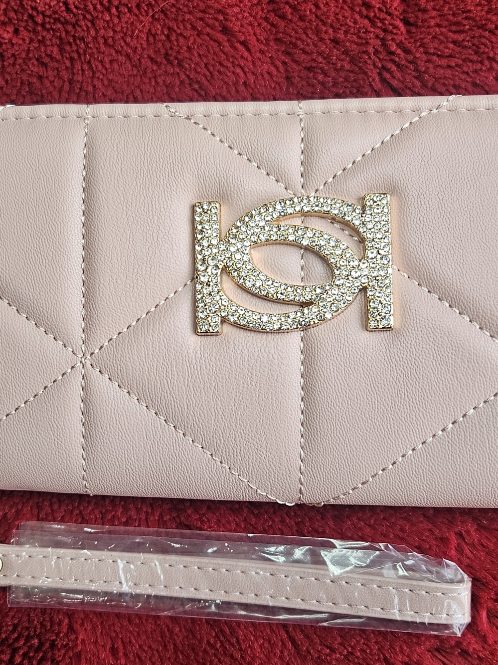bebe Quilted Blush Pink Crossbody Wallet with Crystal Logo